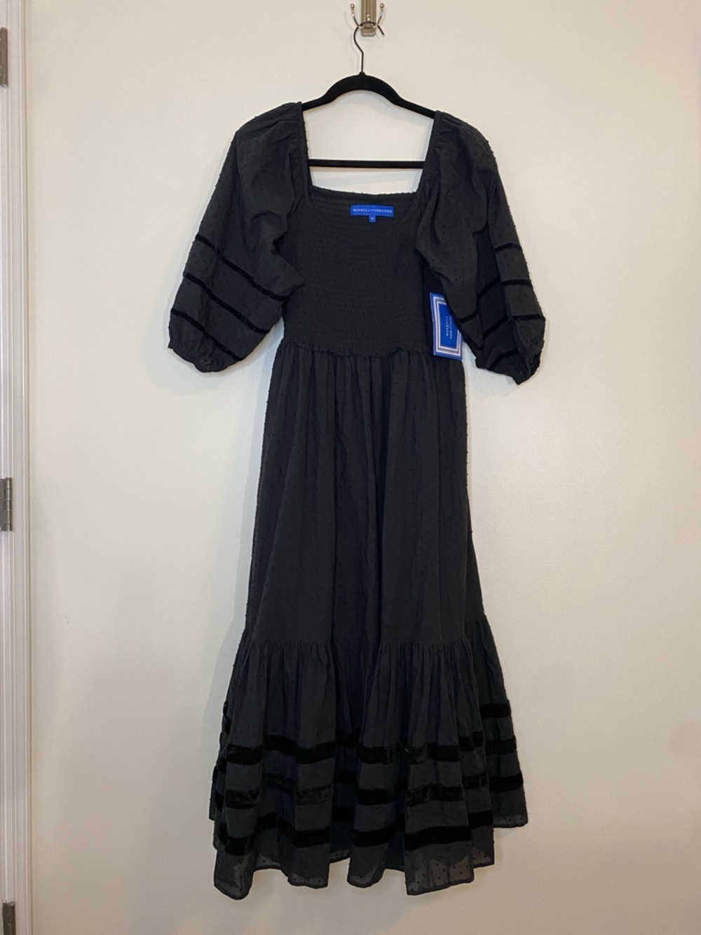 Maxwell and Geraldine NWT The Lucy Long Cotton Black Puff Sleeve Midi Dress Med